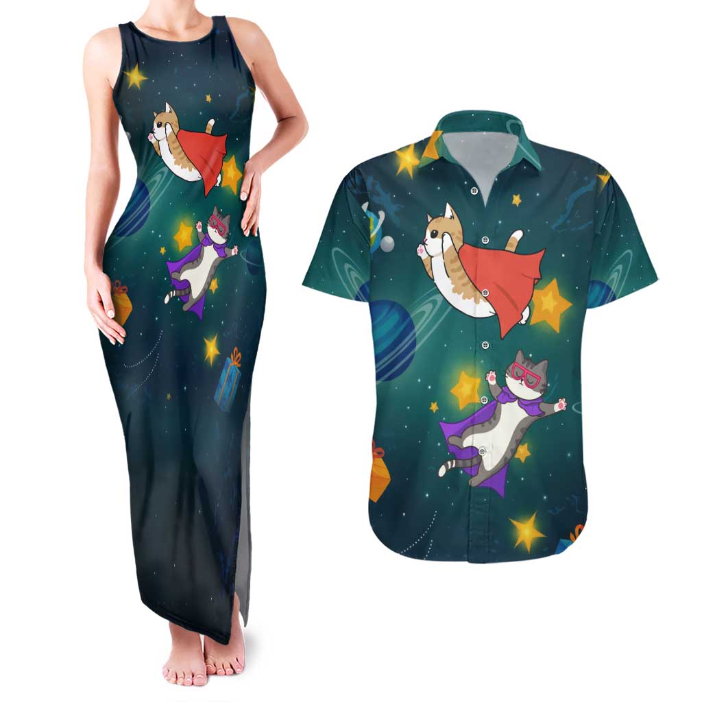Cat Galaxy Christmas Couples Matching Tank Maxi Dress and Hawaiian Shirt Xmas Holiday Patterns - Wonder Print Shop