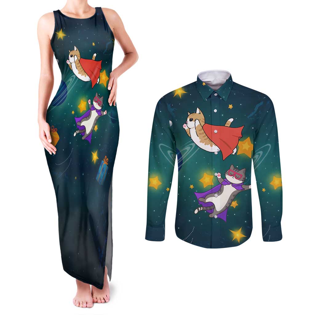 Cat Galaxy Christmas Couples Matching Tank Maxi Dress and Long Sleeve Button Shirt Xmas Holiday Patterns - Wonder Print Shop