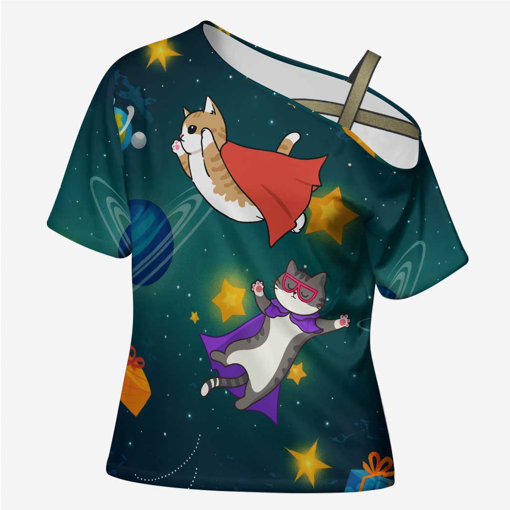 Cat Galaxy Christmas Cross Shoulder Shirt Xmas Holiday Patterns - Wonder Print Shop