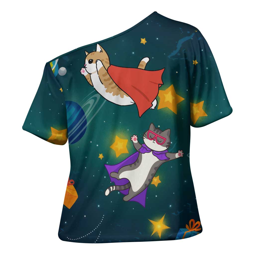 Cat Galaxy Christmas Cross Shoulder Shirt Xmas Holiday Patterns - Wonder Print Shop