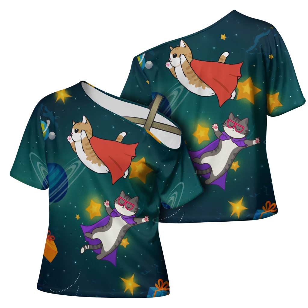 Cat Galaxy Christmas Cross Shoulder Shirt Xmas Holiday Patterns - Wonder Print Shop