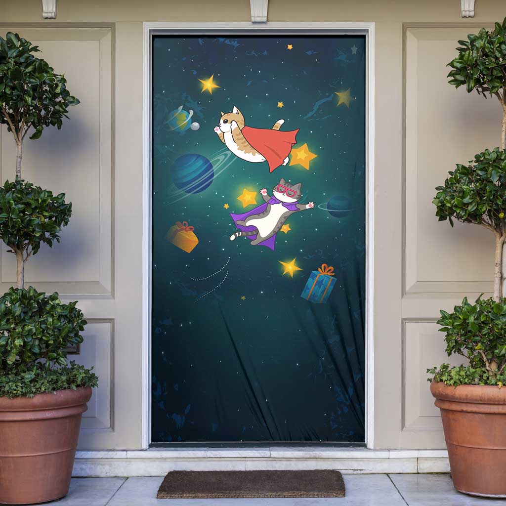 Cat Galaxy Christmas Door Cover Xmas Holiday Patterns - Wonder Print Shop