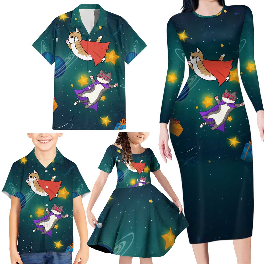 Cat Galaxy Christmas Family Matching Long Sleeve Bodycon Dress and Hawaiian Shirt Xmas Holiday Patterns - Wonder Print Shop