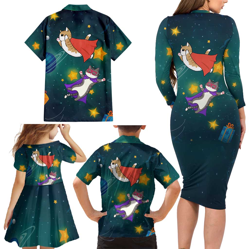 Cat Galaxy Christmas Family Matching Long Sleeve Bodycon Dress and Hawaiian Shirt Xmas Holiday Patterns - Wonder Print Shop