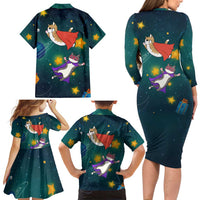 Cat Galaxy Christmas Family Matching Long Sleeve Bodycon Dress and Hawaiian Shirt Xmas Holiday Patterns - Wonder Print Shop