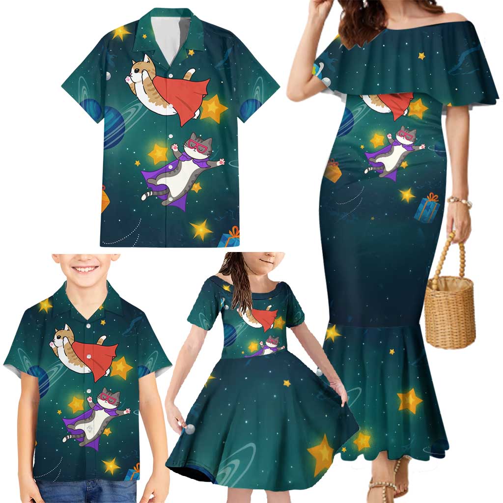Cat Galaxy Christmas Family Matching Mermaid Dress and Hawaiian Shirt Xmas Holiday Patterns - Wonder Print Shop