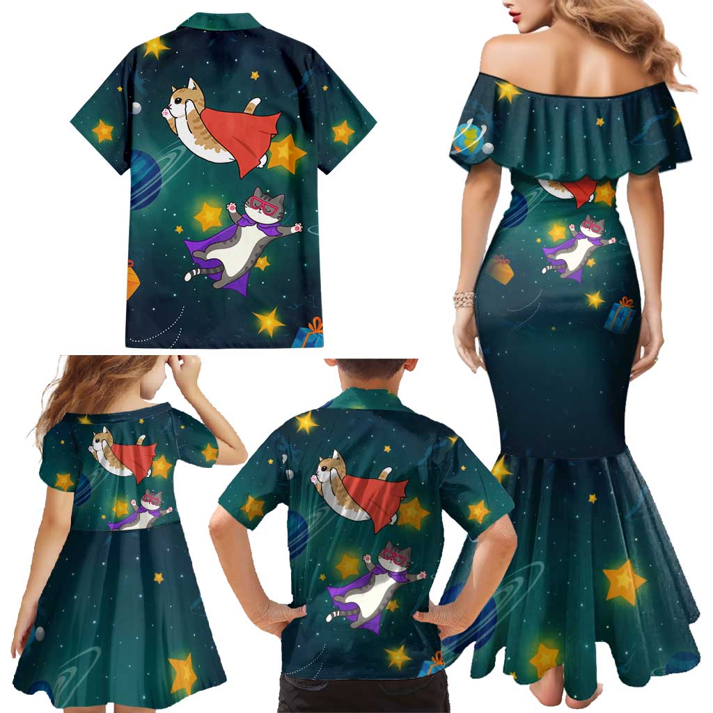 Cat Galaxy Christmas Family Matching Mermaid Dress and Hawaiian Shirt Xmas Holiday Patterns - Wonder Print Shop