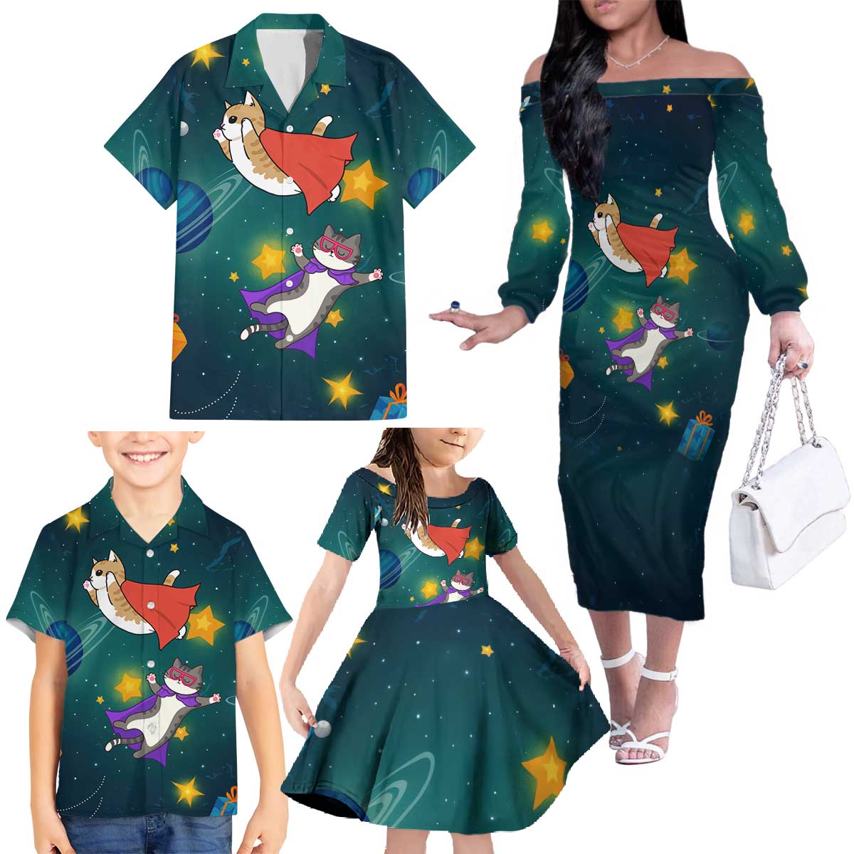 Cat Galaxy Christmas Family Matching Off The Shoulder Long Sleeve Dress and Hawaiian Shirt Xmas Holiday Patterns - Wonder Print Shop