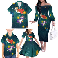 Cat Galaxy Christmas Family Matching Off The Shoulder Long Sleeve Dress and Hawaiian Shirt Xmas Holiday Patterns - Wonder Print Shop