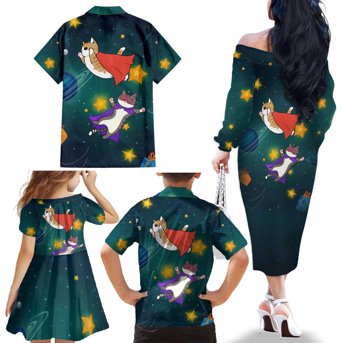 Cat Galaxy Christmas Family Matching Off The Shoulder Long Sleeve Dress and Hawaiian Shirt Xmas Holiday Patterns - Wonder Print Shop