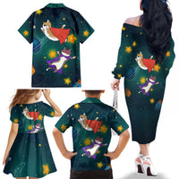 Cat Galaxy Christmas Family Matching Off The Shoulder Long Sleeve Dress and Hawaiian Shirt Xmas Holiday Patterns - Wonder Print Shop