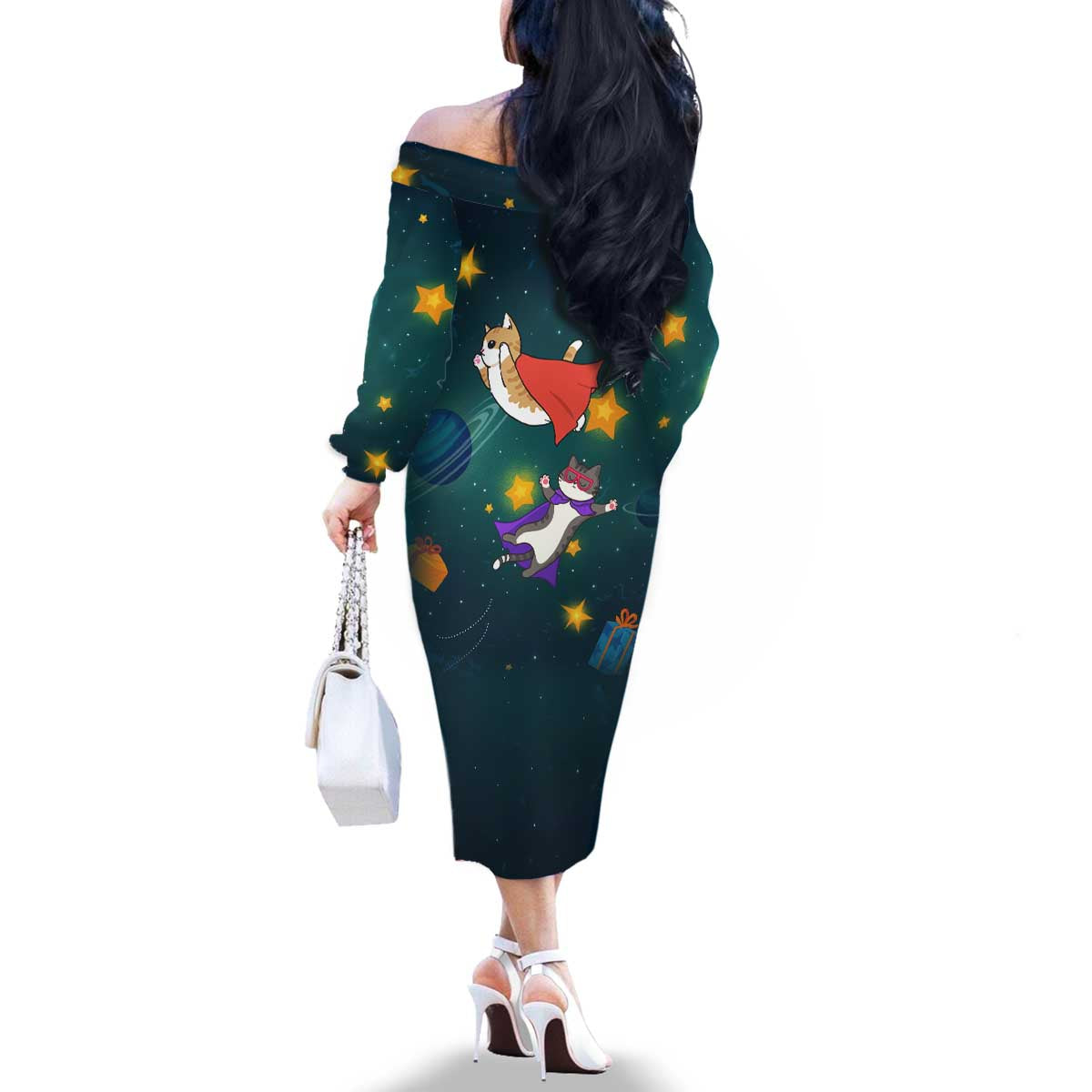 Cat Galaxy Christmas Family Matching Off The Shoulder Long Sleeve Dress and Hawaiian Shirt Xmas Holiday Patterns - Wonder Print Shop