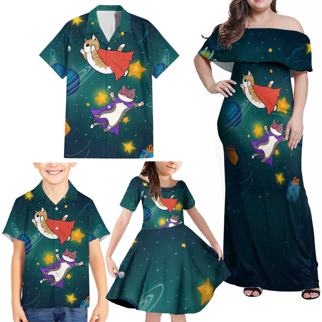 Cat Galaxy Christmas Family Matching Off Shoulder Maxi Dress and Hawaiian Shirt Xmas Holiday Patterns - Wonder Print Shop