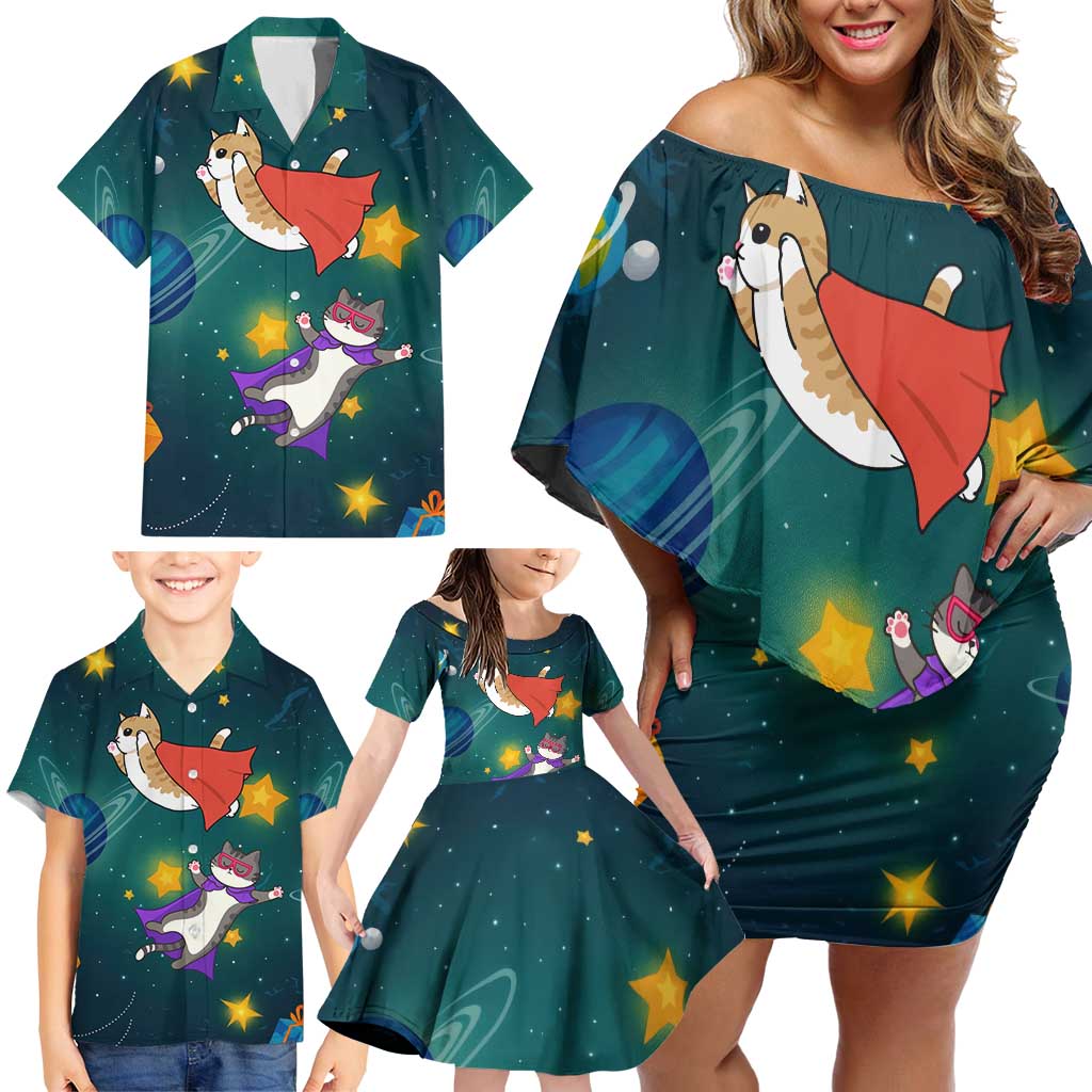 Cat Galaxy Christmas Family Matching Off Shoulder Short Dress and Hawaiian Shirt Xmas Holiday Patterns - Wonder Print Shop