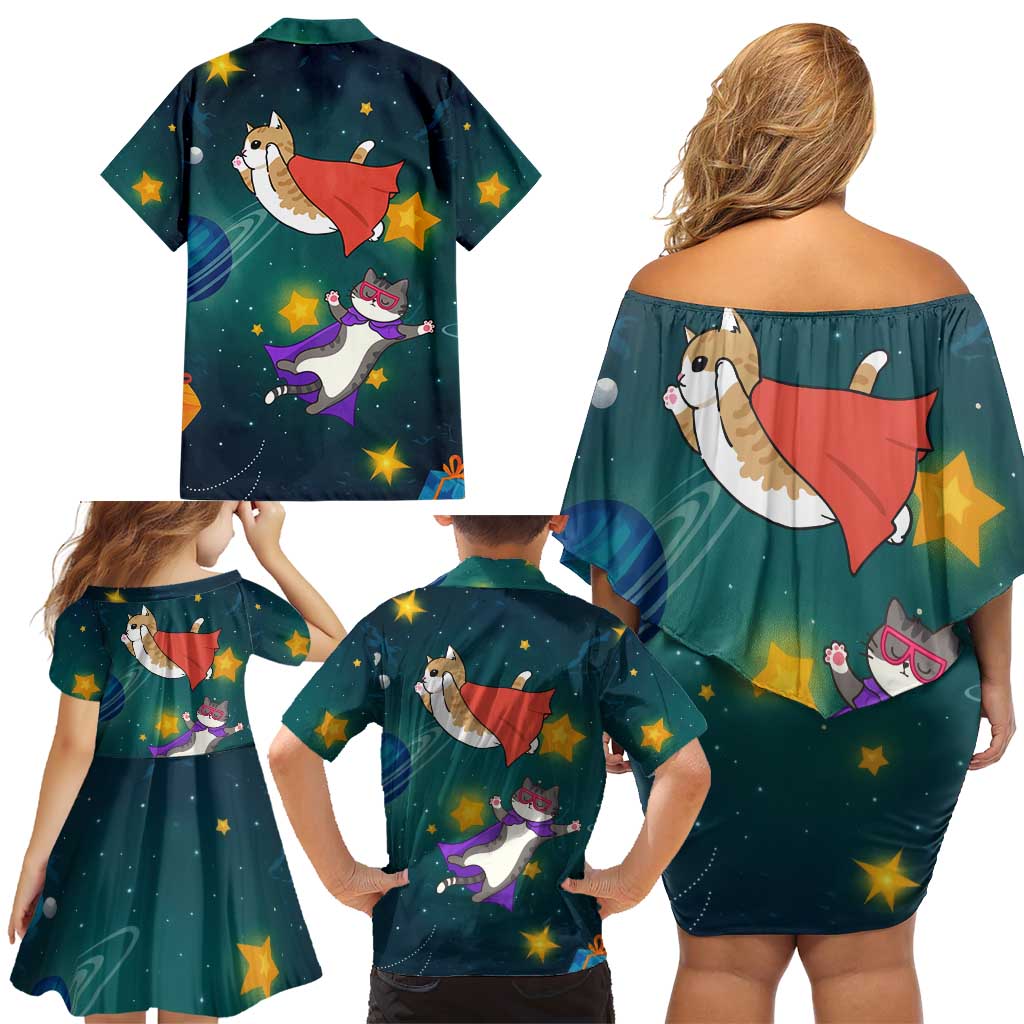 Cat Galaxy Christmas Family Matching Off Shoulder Short Dress and Hawaiian Shirt Xmas Holiday Patterns - Wonder Print Shop