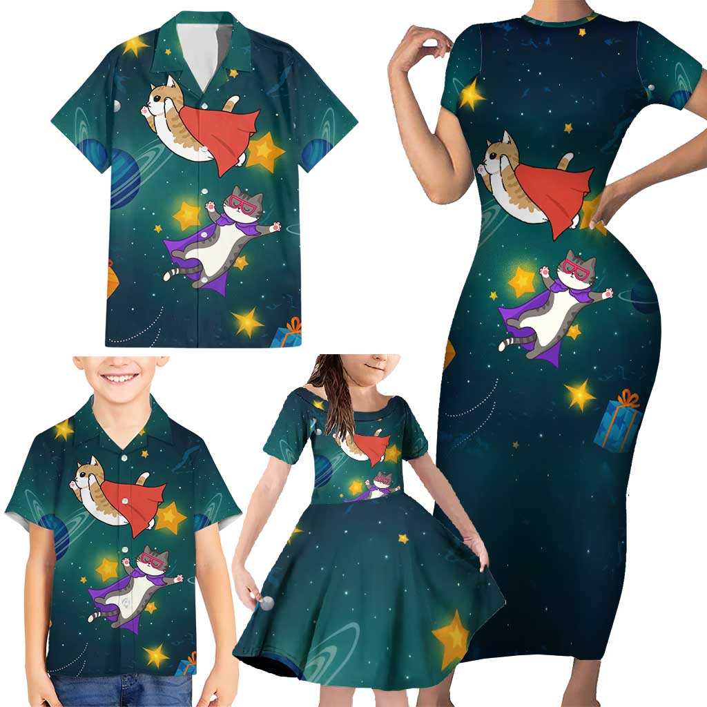 Cat Galaxy Christmas Family Matching Short Sleeve Bodycon Dress and Hawaiian Shirt Xmas Holiday Patterns - Wonder Print Shop