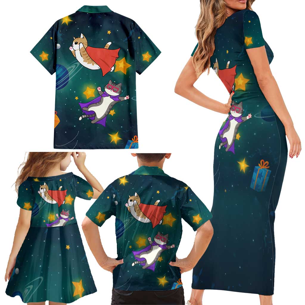 Cat Galaxy Christmas Family Matching Short Sleeve Bodycon Dress and Hawaiian Shirt Xmas Holiday Patterns - Wonder Print Shop