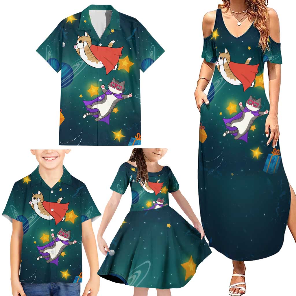 Cat Galaxy Christmas Family Matching Summer Maxi Dress and Hawaiian Shirt Xmas Holiday Patterns - Wonder Print Shop