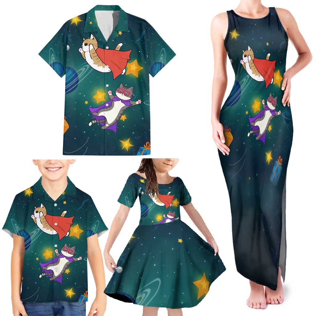 Cat Galaxy Christmas Family Matching Tank Maxi Dress and Hawaiian Shirt Xmas Holiday Patterns - Wonder Print Shop