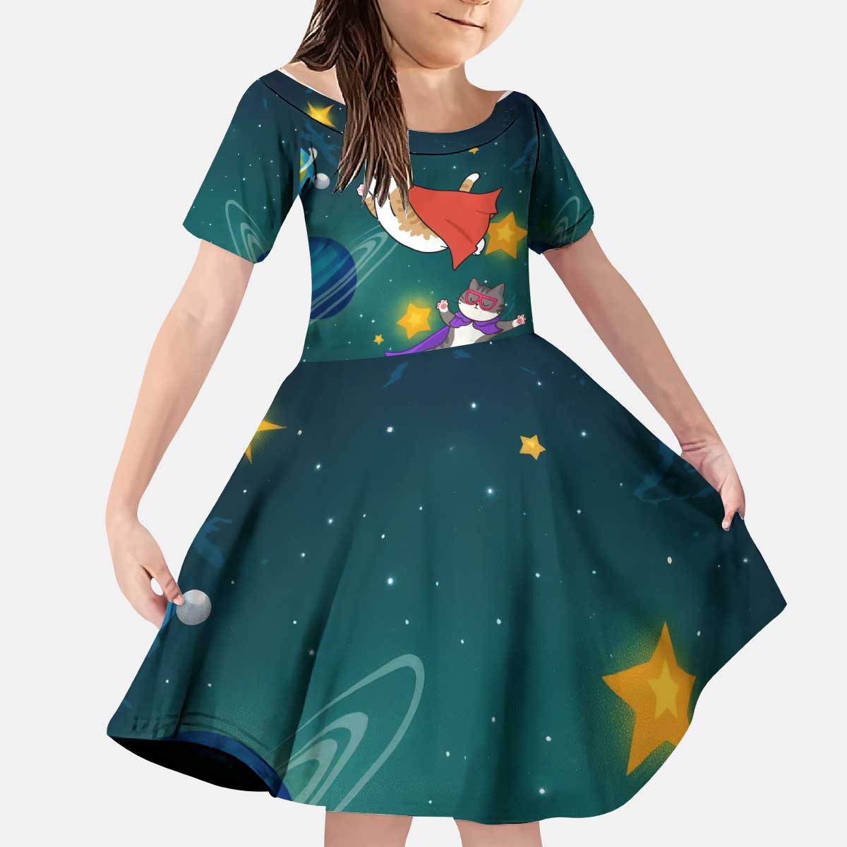 Cat Galaxy Christmas Kid Short Sleeve Dress Xmas Holiday Patterns - Wonder Print Shop