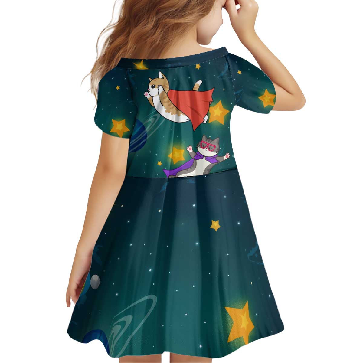 Cat Galaxy Christmas Kid Short Sleeve Dress Xmas Holiday Patterns - Wonder Print Shop