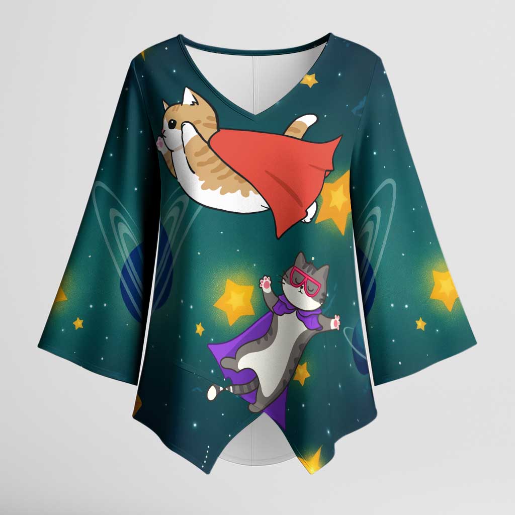 Cat Galaxy Christmas Kimono Sleeve Blouse Xmas Holiday Patterns - Wonder Print Shop
