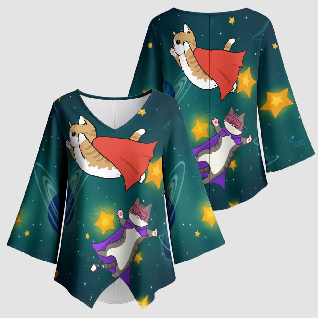 Cat Galaxy Christmas Kimono Sleeve Blouse Xmas Holiday Patterns - Wonder Print Shop