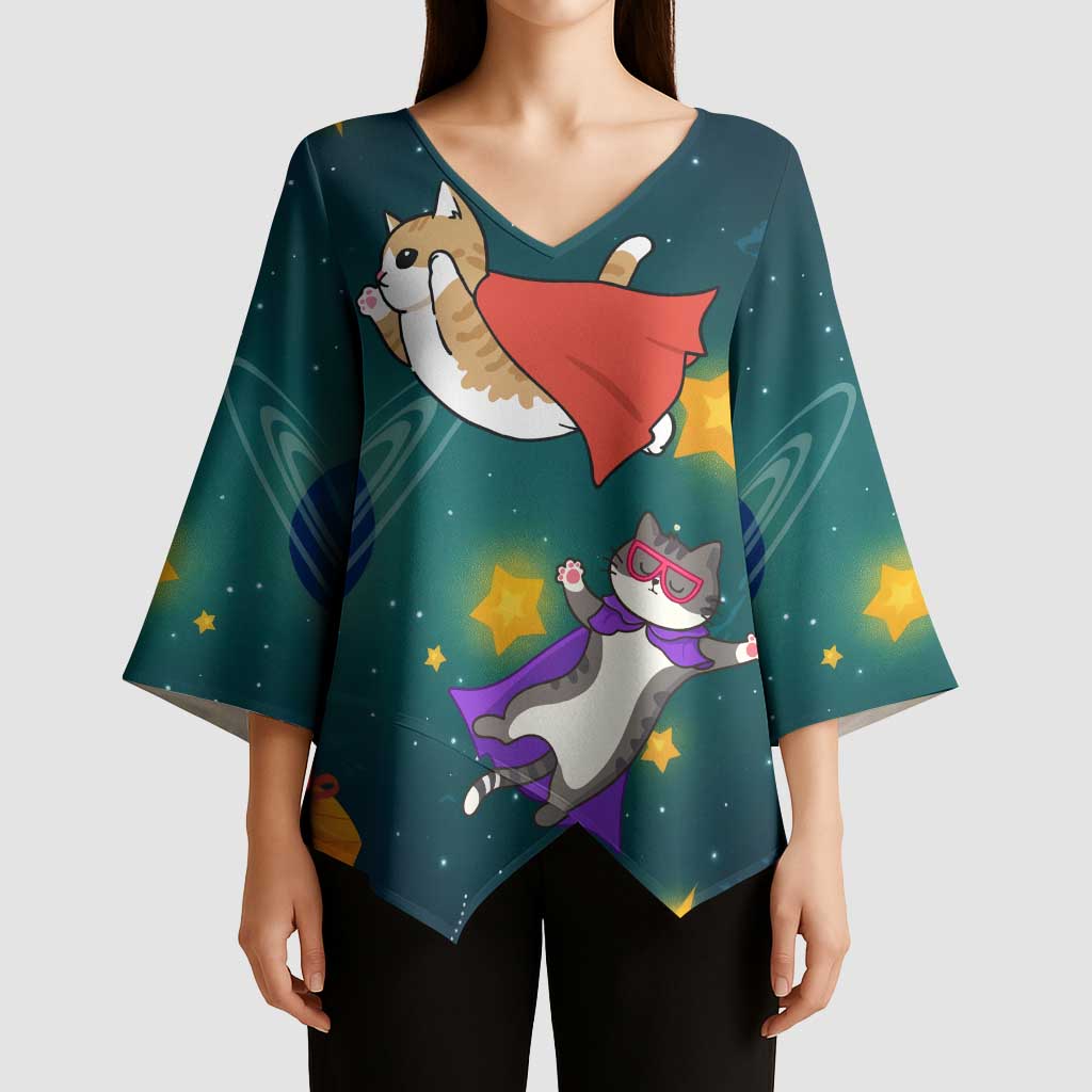 Cat Galaxy Christmas Kimono Sleeve Blouse Xmas Holiday Patterns - Wonder Print Shop