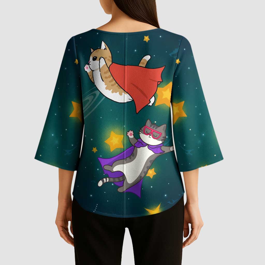 Cat Galaxy Christmas Kimono Sleeve Blouse Xmas Holiday Patterns - Wonder Print Shop