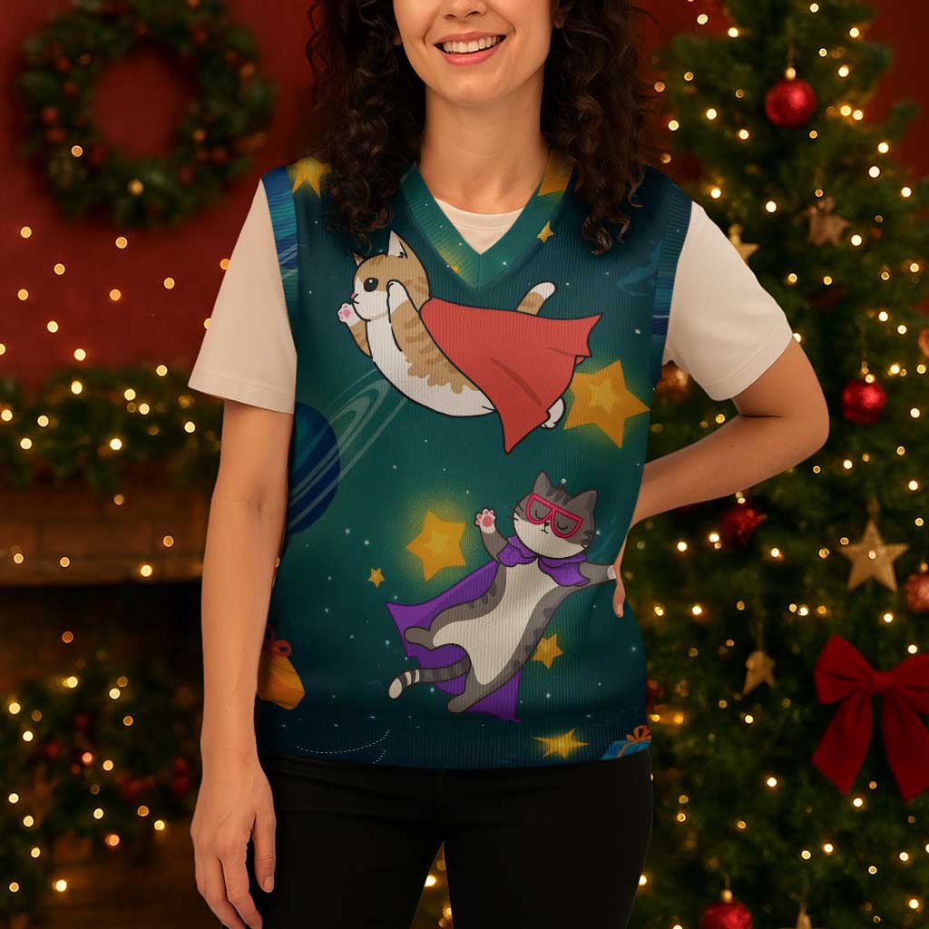 Cat Galaxy Christmas Knitted V-Neck Vest Xmas Holiday Patterns - Wonder Print Shop