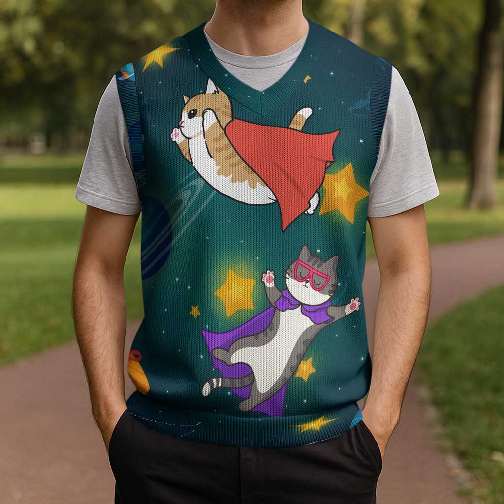 Cat Galaxy Christmas Knitted V-Neck Vest Xmas Holiday Patterns - Wonder Print Shop