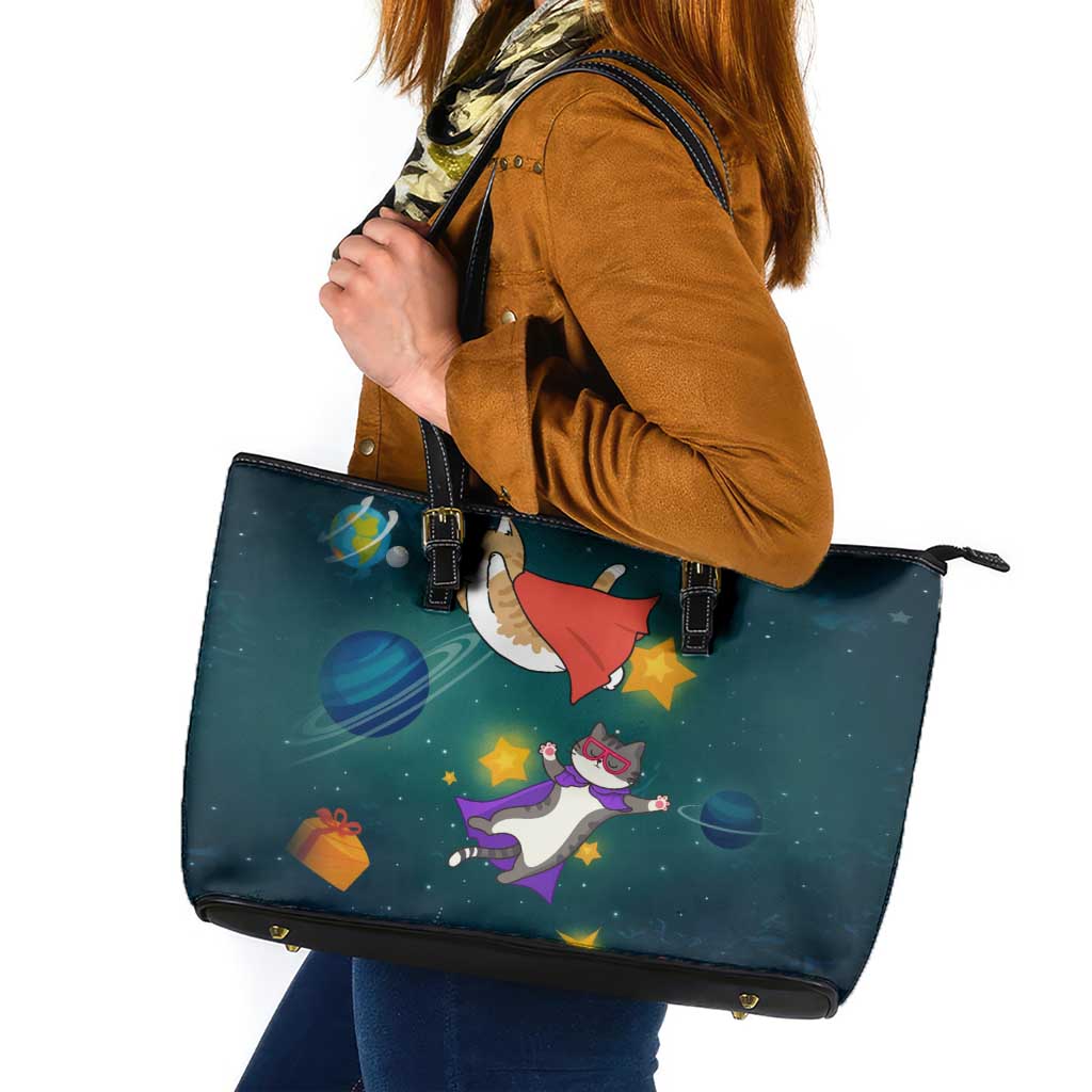 Cat Galaxy Christmas Leather Tote Bag Xmas Holiday Patterns - Wonder Print Shop