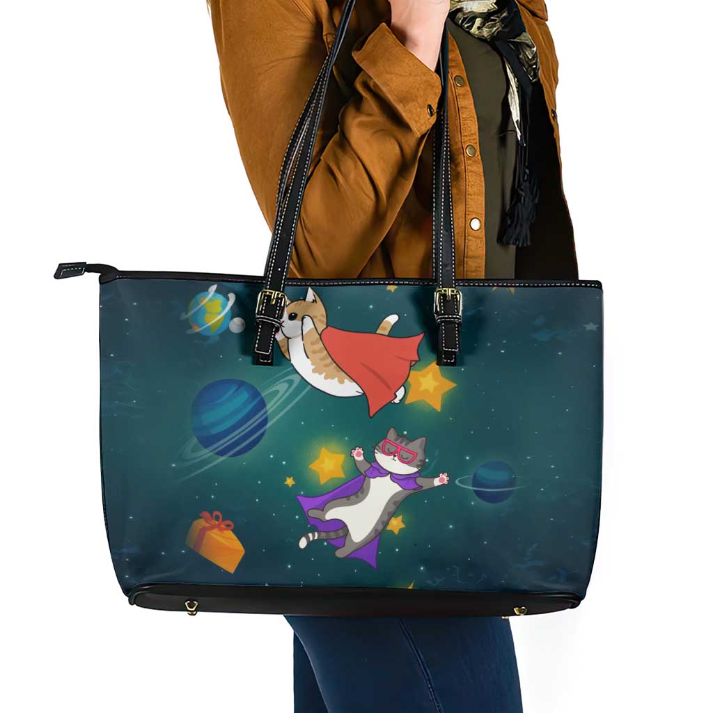 Cat Galaxy Christmas Leather Tote Bag Xmas Holiday Patterns - Wonder Print Shop