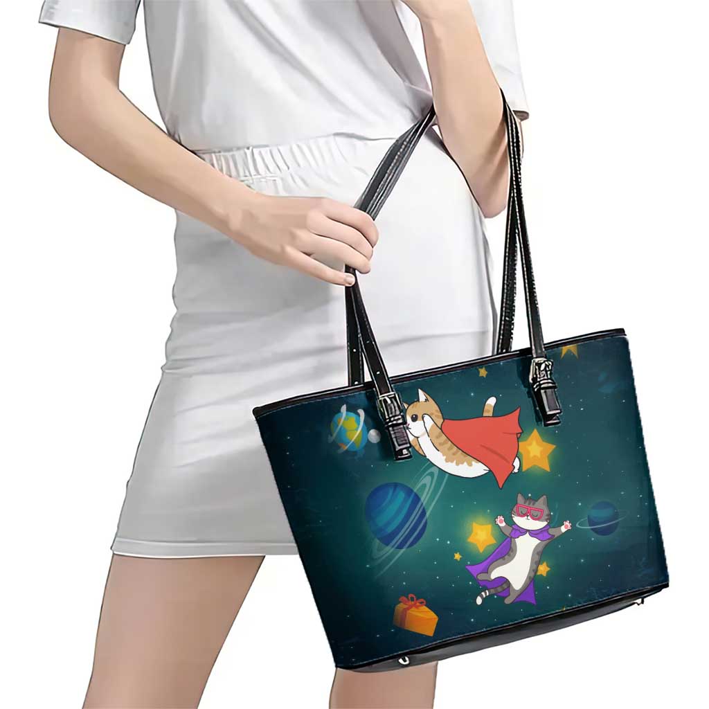 Cat Galaxy Christmas Leather Tote Bag Xmas Holiday Patterns - Wonder Print Shop