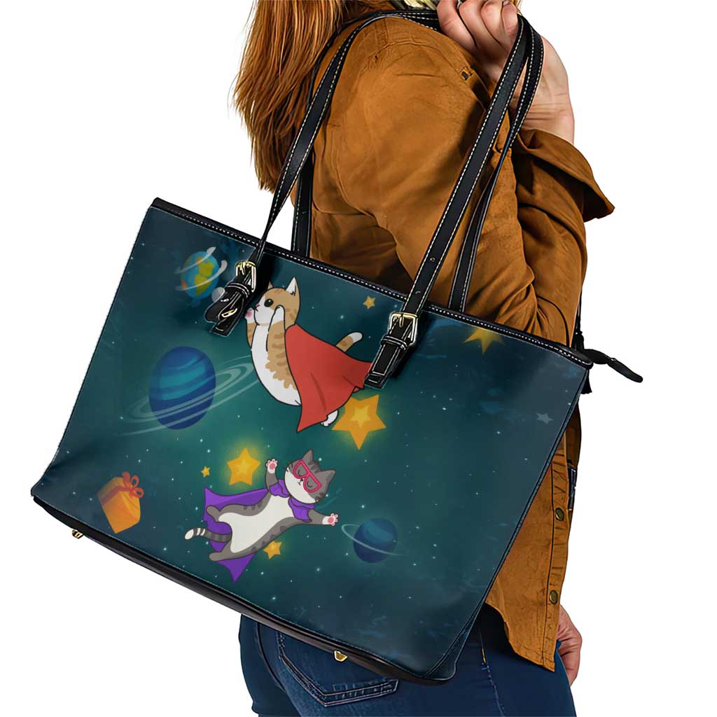 Cat Galaxy Christmas Leather Tote Bag Xmas Holiday Patterns - Wonder Print Shop