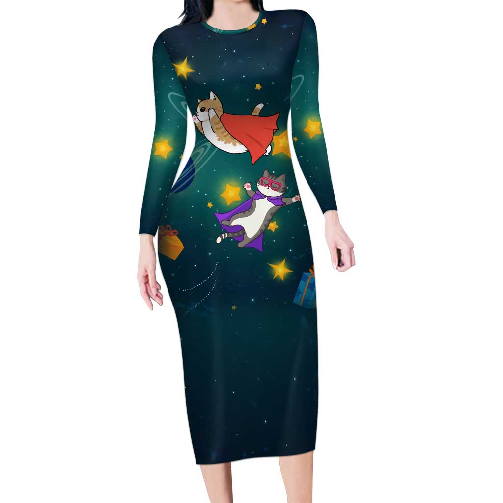 Cat Galaxy Christmas Long Sleeve Bodycon Dress Xmas Holiday Patterns - Wonder Print Shop