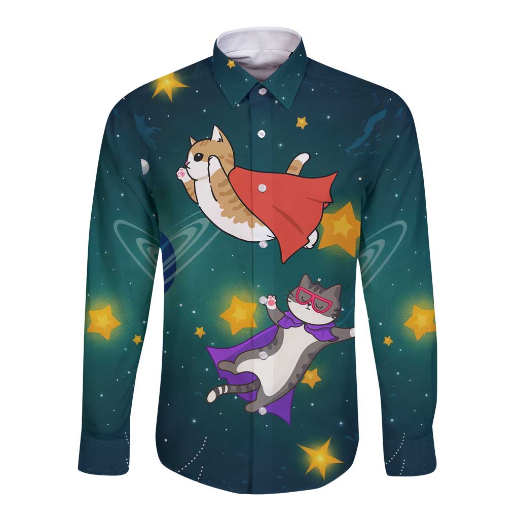 Cat Galaxy Christmas Long Sleeve Button Shirt Xmas Holiday Patterns - Wonder Print Shop