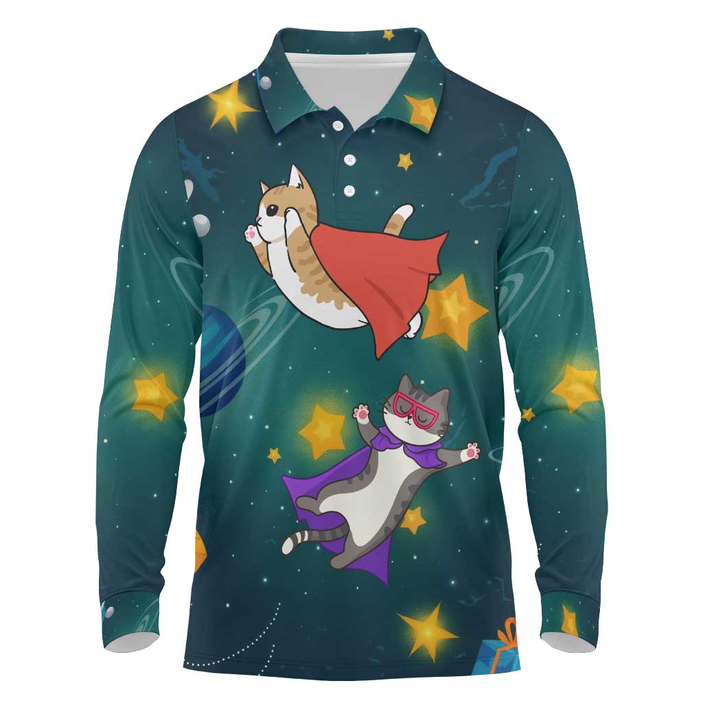 Cat Galaxy Christmas Long Sleeve Polo Shirt Xmas Holiday Patterns - Wonder Print Shop