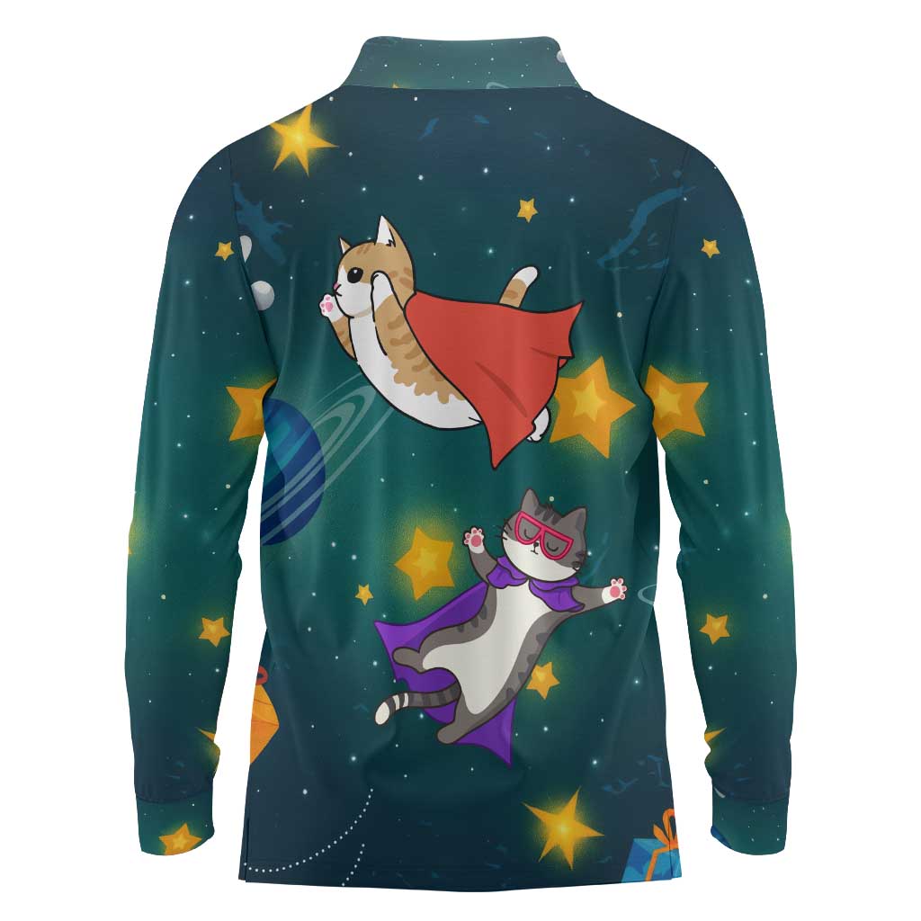 Cat Galaxy Christmas Long Sleeve Polo Shirt Xmas Holiday Patterns - Wonder Print Shop