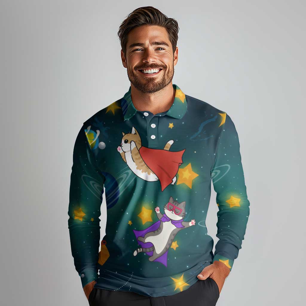 Cat Galaxy Christmas Long Sleeve Polo Shirt Xmas Holiday Patterns - Wonder Print Shop