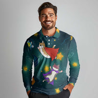 Cat Galaxy Christmas Long Sleeve Polo Shirt Xmas Holiday Patterns - Wonder Print Shop