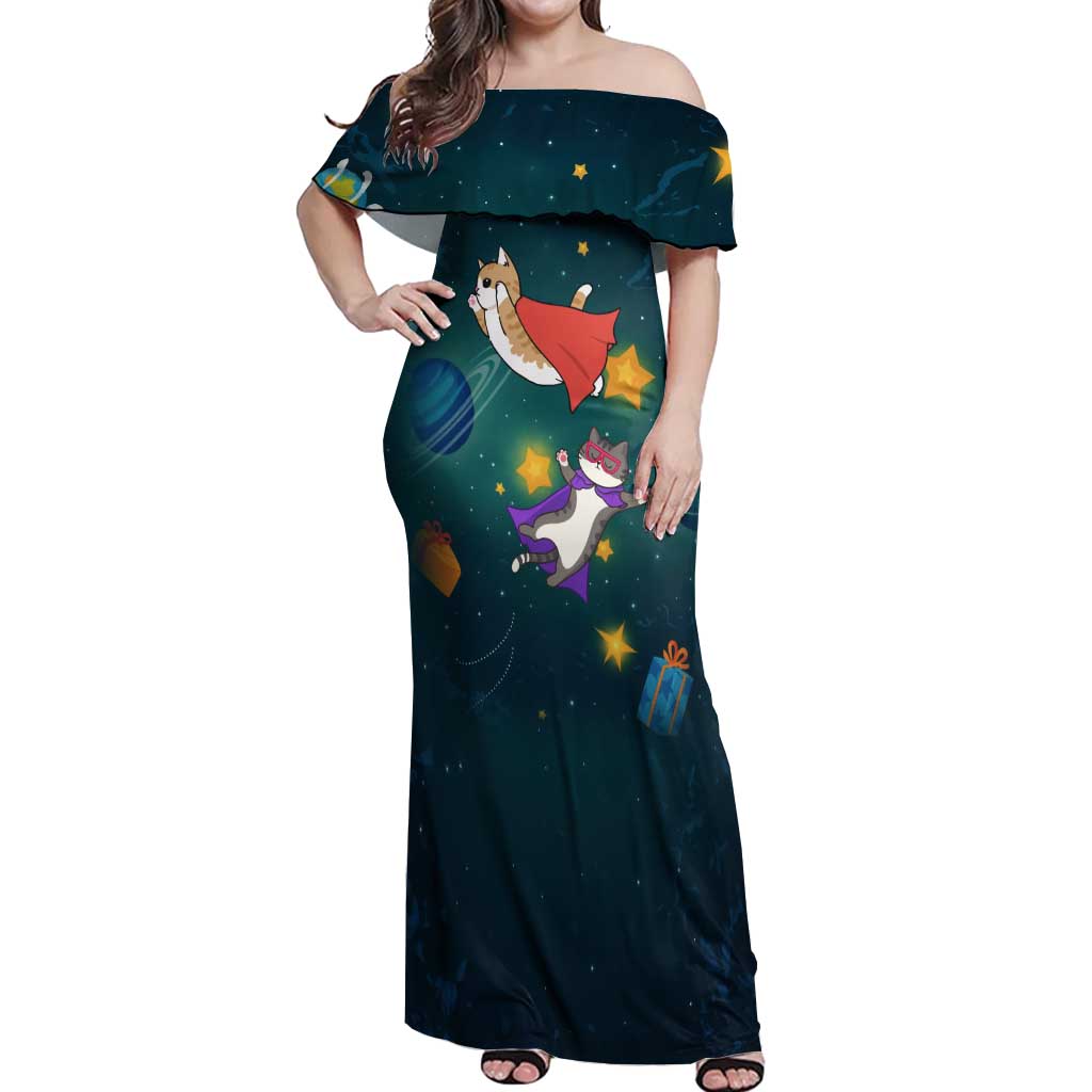 Cat Galaxy Christmas Off Shoulder Maxi Dress Xmas Holiday Patterns - Wonder Print Shop