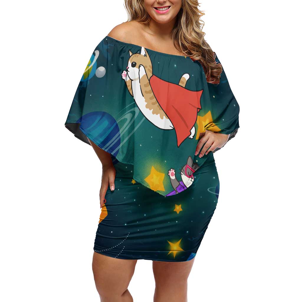 Cat Galaxy Christmas Off Shoulder Short Dress Xmas Holiday Patterns - Wonder Print Shop