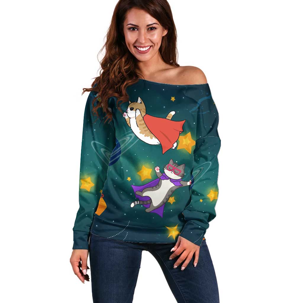 Cat Galaxy Christmas Off Shoulder Sweater Xmas Holiday Patterns - Wonder Print Shop