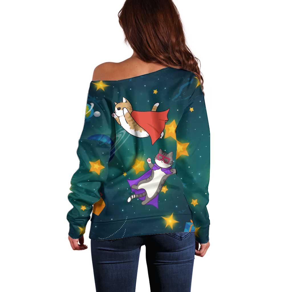 Cat Galaxy Christmas Off Shoulder Sweater Xmas Holiday Patterns - Wonder Print Shop
