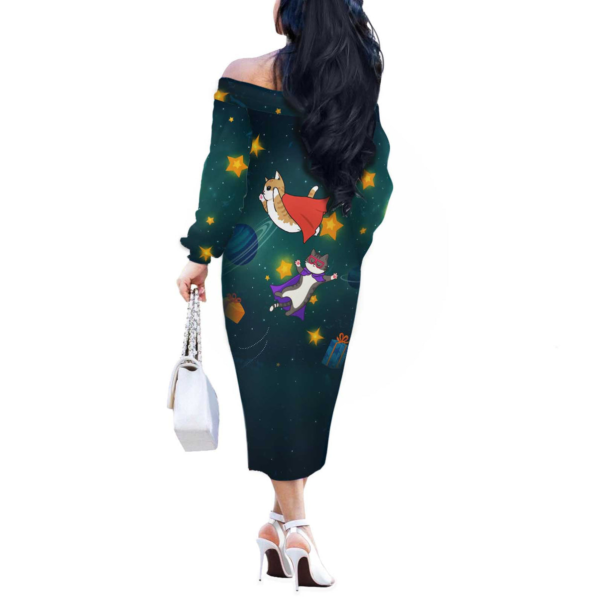 Cat Galaxy Christmas Off The Shoulder Long Sleeve Dress Xmas Holiday Patterns - Wonder Print Shop