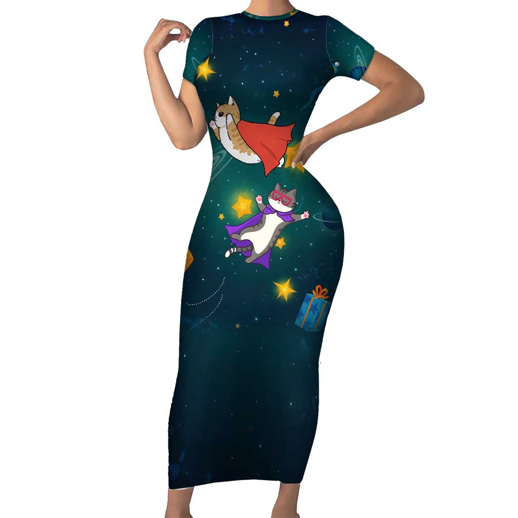 Cat Galaxy Christmas Short Sleeve Bodycon Dress Xmas Holiday Patterns - Wonder Print Shop