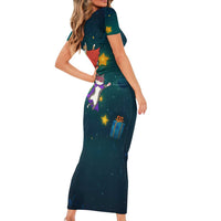 Cat Galaxy Christmas Short Sleeve Bodycon Dress Xmas Holiday Patterns - Wonder Print Shop