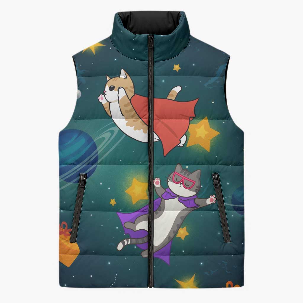 Cat Galaxy Christmas Sleeveless Puffer Jacket Xmas Holiday Patterns - Wonder Print Shop