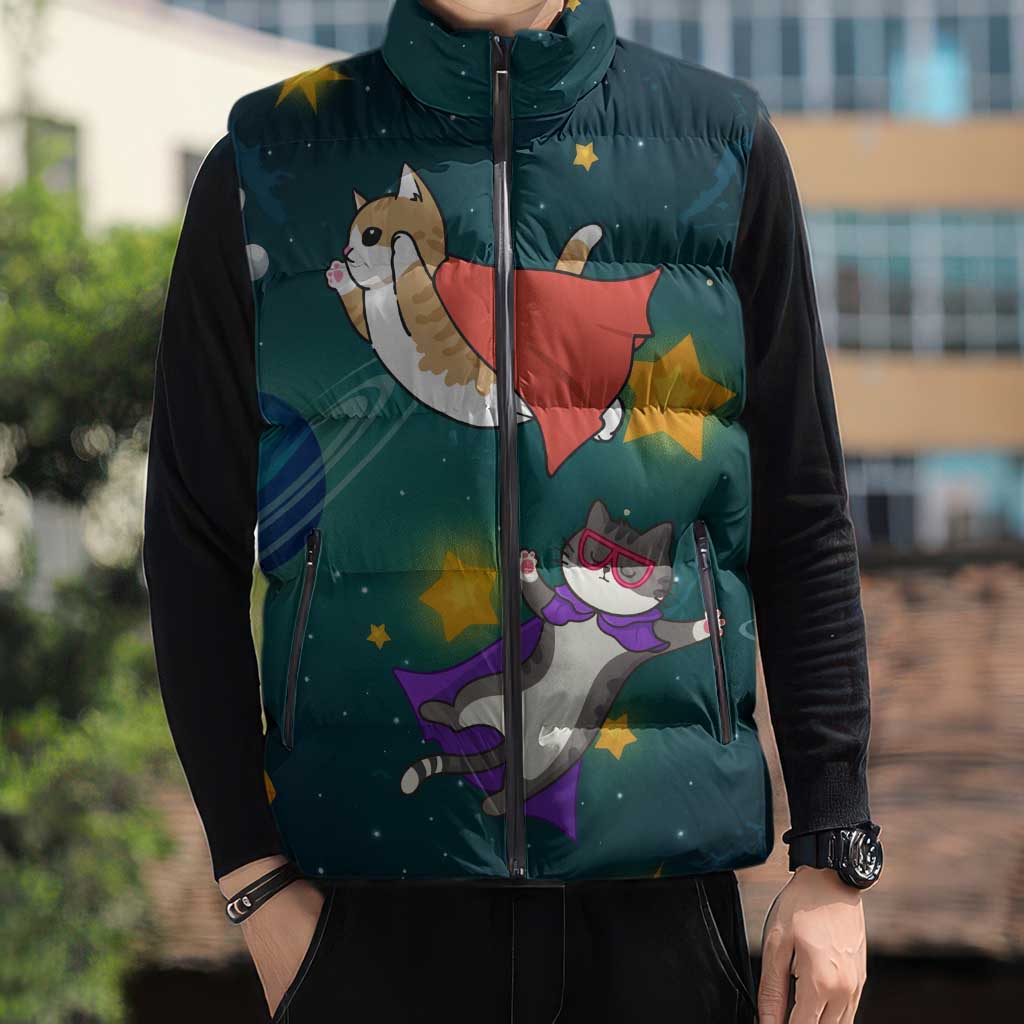 Cat Galaxy Christmas Sleeveless Puffer Jacket Xmas Holiday Patterns - Wonder Print Shop